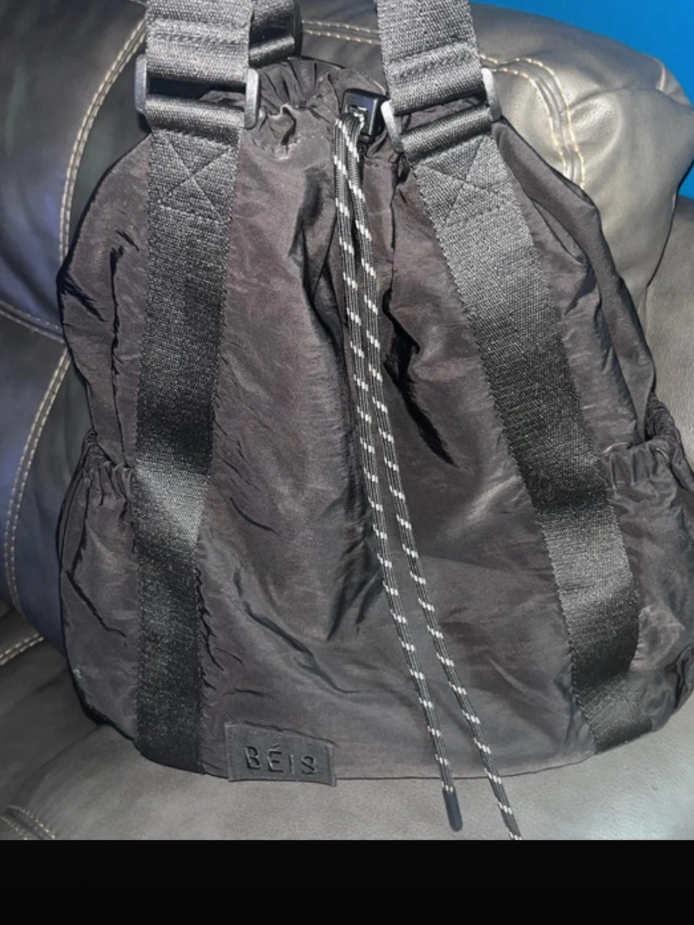 BEIS Black Nylon Drawstring Backpack with Webbing Straps